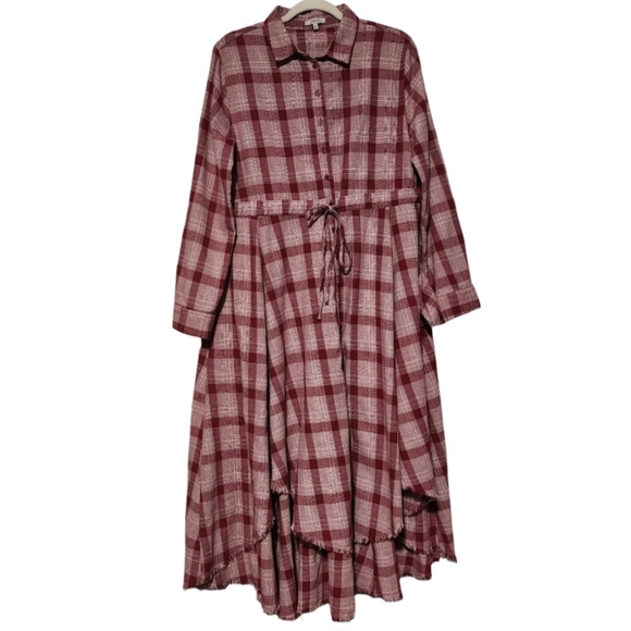 JODIFL Plaid Midi Shirt Dress Womens Large Red Burgundy Boho Cottagecore Western - Picture 2 of 15